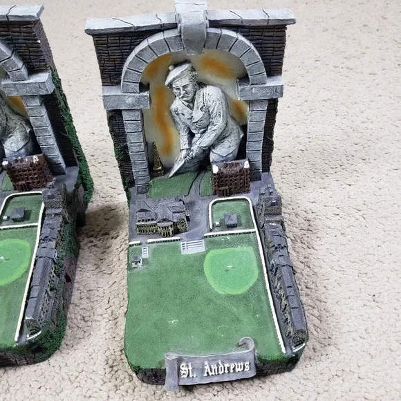 Vintage St. Andrews Golf Large Heavy Resin Bookends Pair Decorative Statue